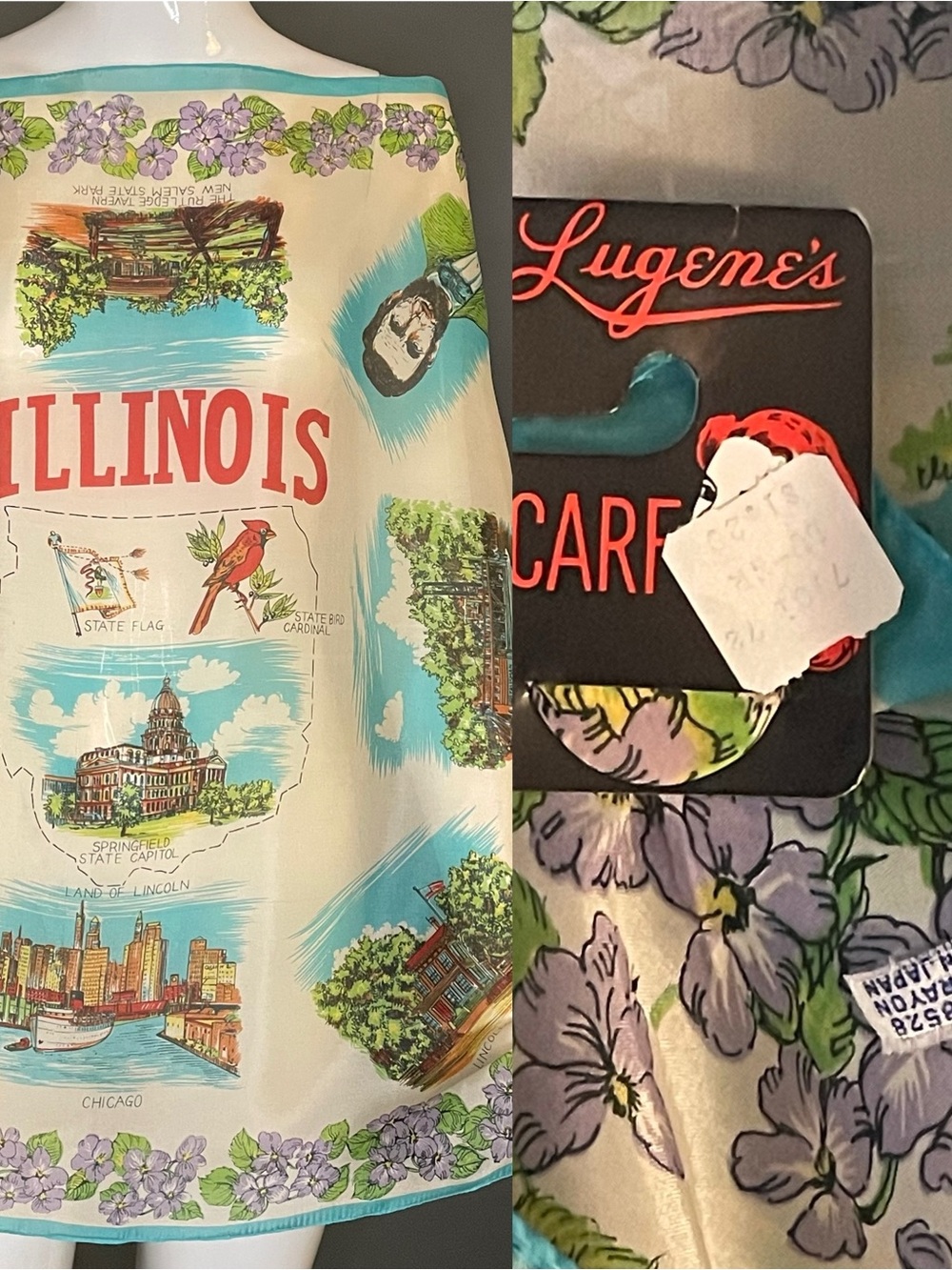 Rare Vintage 50s Souvenir Scarf Illinois Theme Abraham Lincoln 27 In Mint Cond